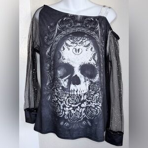 Black Skull off shoulder Sheer Mesh Blouse Women Large